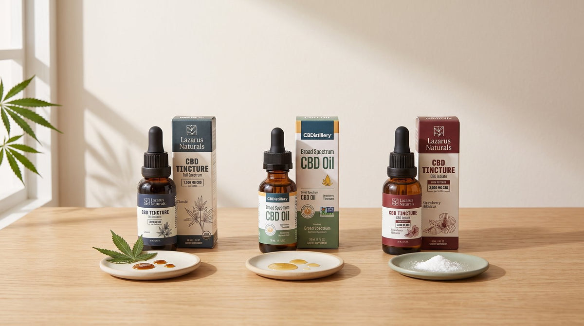 Lazarus Naturals Full Spectrum Classic CBD Oil, CBDistillery Broad Spectrum CBD Oil and Lazarus Naturals CBD Isolate Tincture side by side