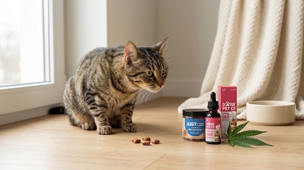 Tabby cat sniffing cat treats next to JustCBD CBD Cat Treats and Daily Pet Co CBD Cat Drops