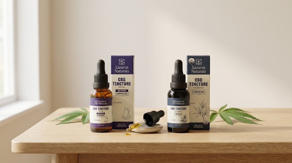 Lazarus Naturals High Potency CBG Tincture next to Lazarus Naturals Full Spectrum CBD Oil Tincture on a wooden table