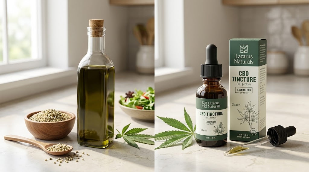Bottle of culinary hemp seed oil with hemp seeds next to a Lazarus Naturals Full Spectrum CBD Oil Tincture with dropper