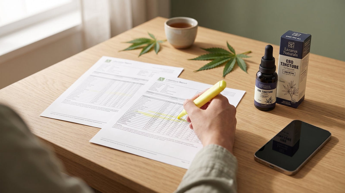 Person highlighting a CBD lab report next to a Lazarus Naturals CBD tincture