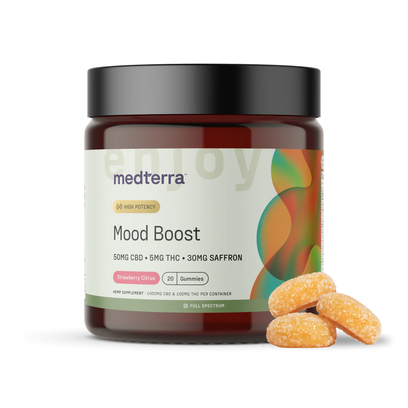 Medterra Mood Boost CBD and THC gummies jar, strawberry citrus, front of pack
