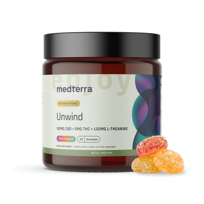 Medterra Unwind CBD and THC gummies jar, assorted fruit flavors, front of pack