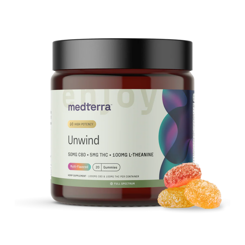 Medterra Unwind CBD and THC gummies jar, assorted fruit flavors, front of pack