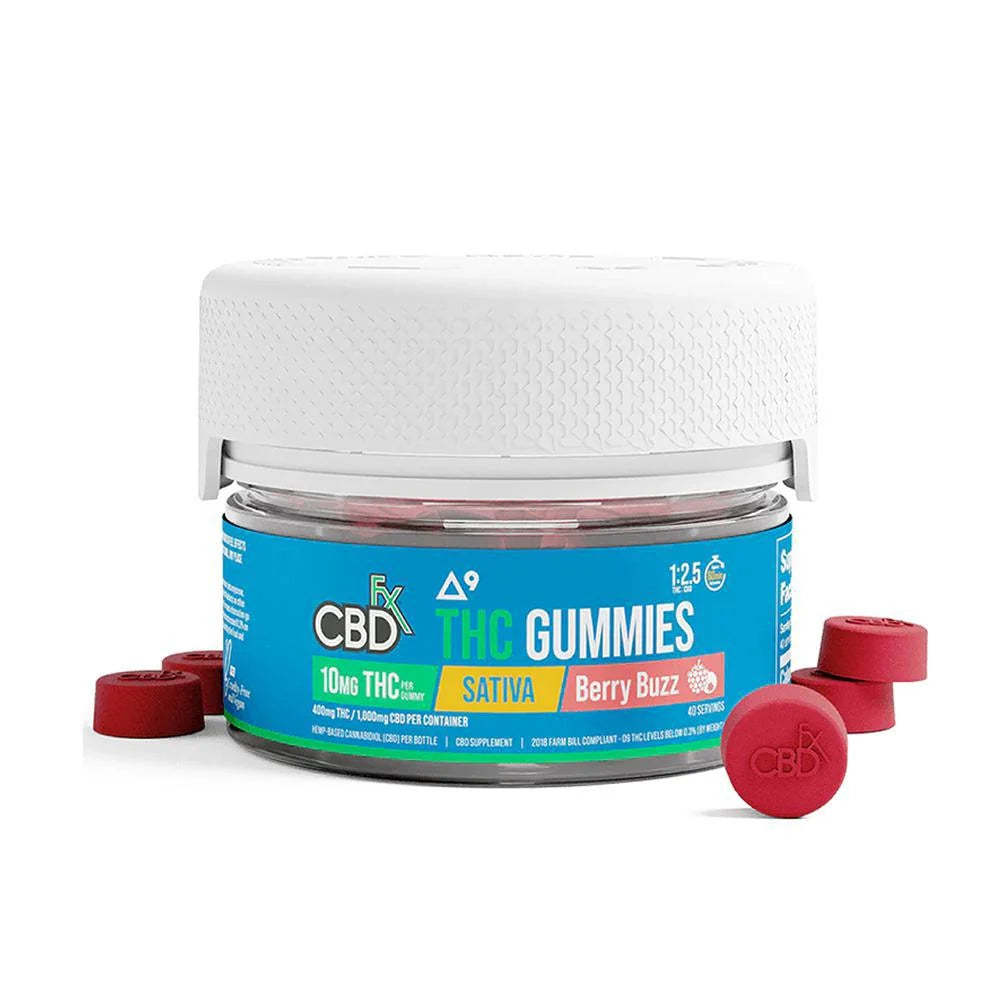 CBDfx Berry Buzz sativa gummies jar with THC and CBD