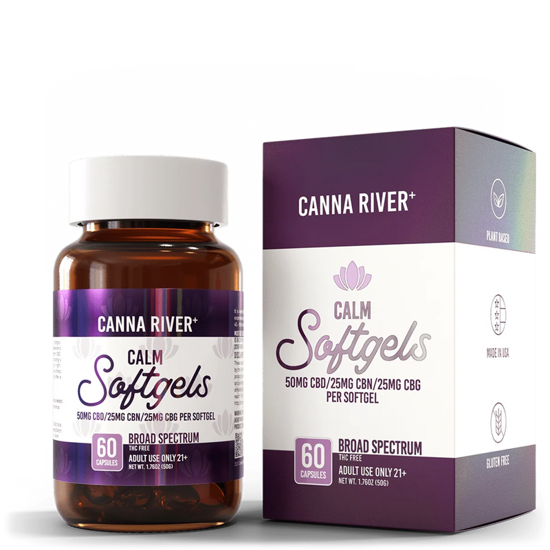Canna River Calm softgels bottle and box, Broad Spectrum