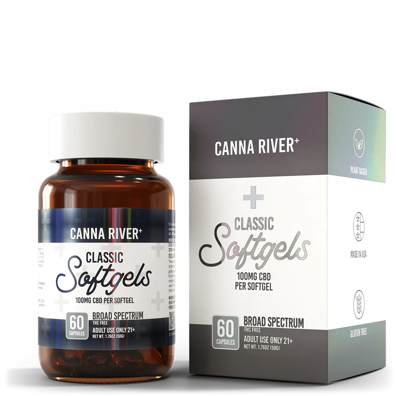 Canna River Classic softgels bottle and box, 100mg CBD, Broad Spectrum