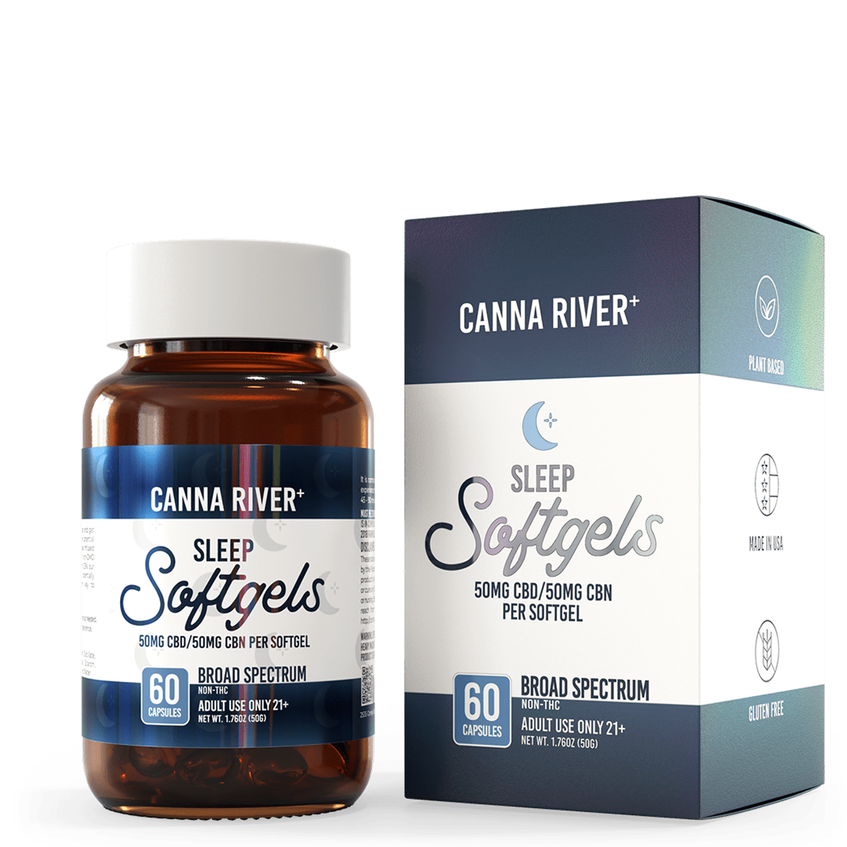 Canna River CBD Sleep Softgels Broad Spectrum bottle and box