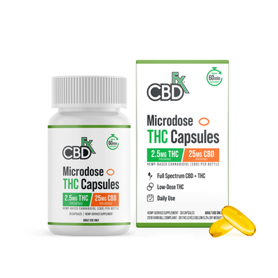 CBDfx Daily Chill Blend capsules bottle, 25mg CBD and 2.5mg Delta-9 THC per capsule