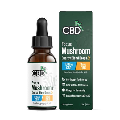 CBDfx Focus Blend mushroom tincture bottle, 1,000mg, with CBG, Lion’s Mane, Cordyceps and Chaga