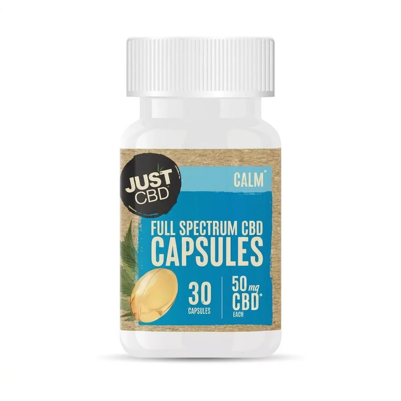 JustCBD full spectrum CBD gel capsules, white bottle, 50mg per softgel