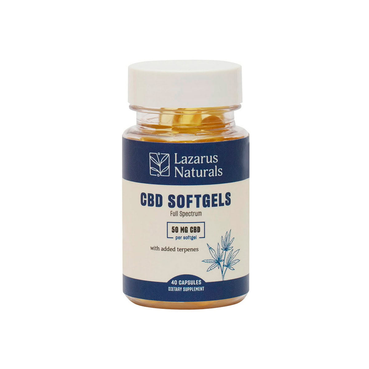 Lazarus Naturals 50mg full spectrum CBD softgels bottle, 40 count, 2,000mg CBD