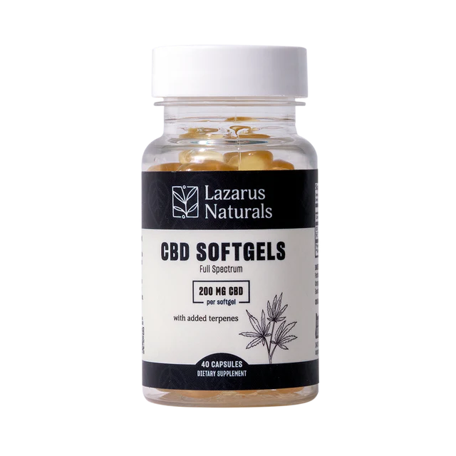 Lazarus Naturals full spectrum CBD softgels bottle, 200mg each, 40 count