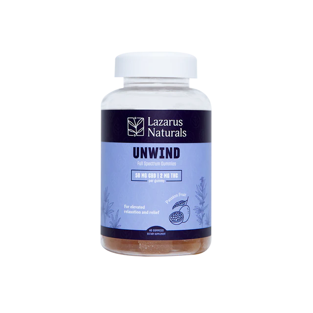 Lazarus Naturals Unwind Passion Fruit Gummies 50mg CBD 2mg THC 40 Count