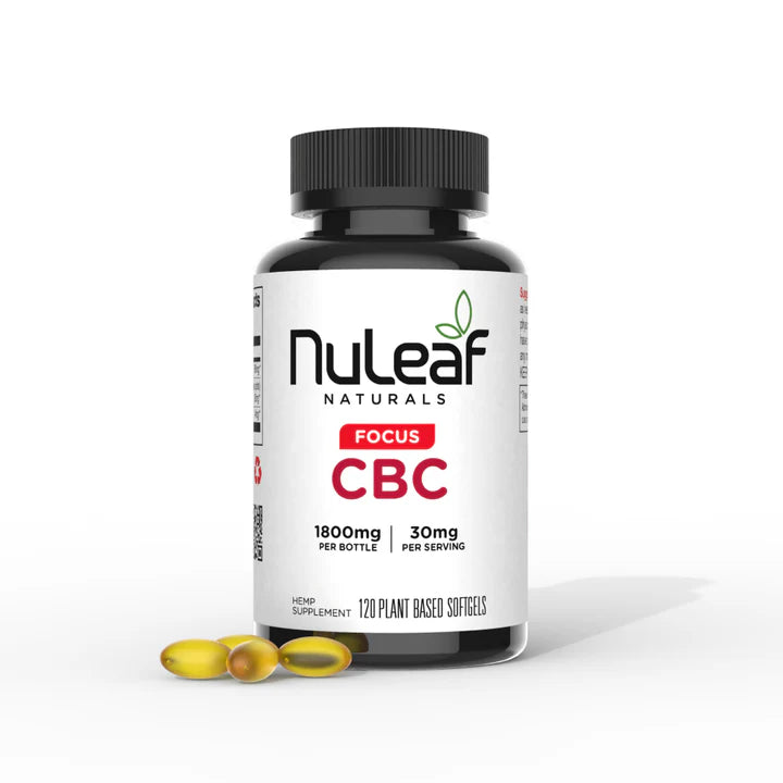 NuLeaf Naturals full spectrum CBC capsules bottle, 15mg per softgel, 1,800mg total
