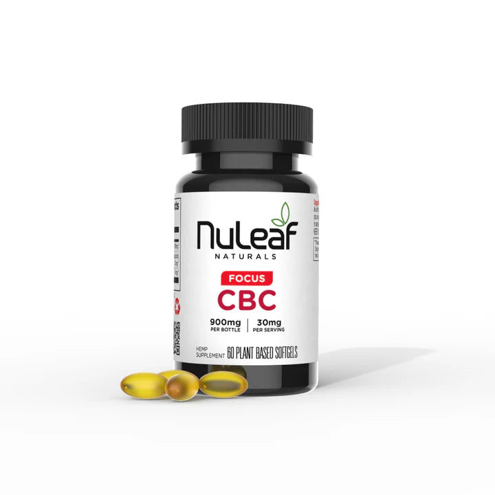 NuLeaf Naturals full spectrum CBC capsules bottle, 15mg per softgel, 900mg total
