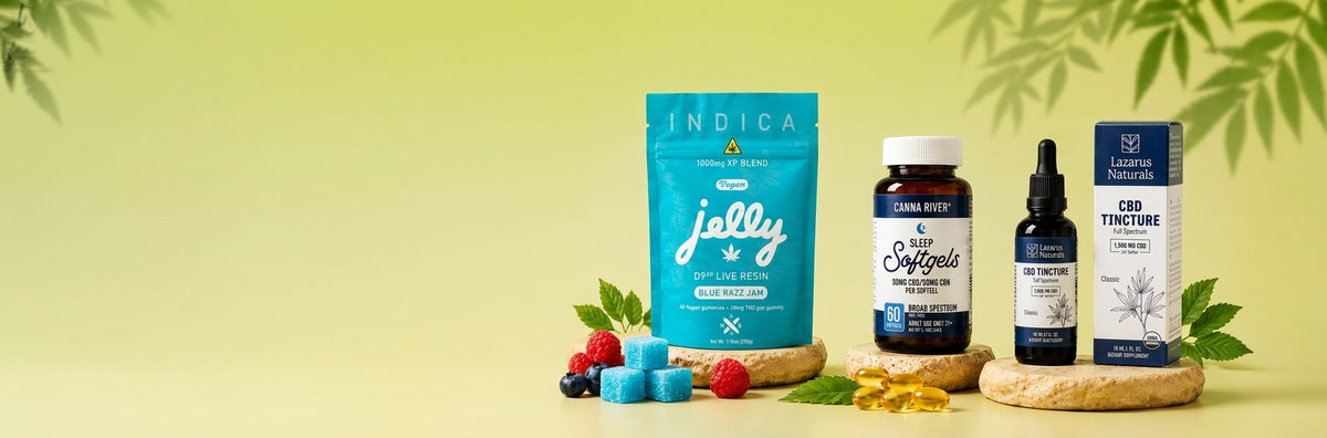 Jelly Live Resin Gummies, Canna River Sleep Softgels and a Lazarus Naturals Full Spectrum CBD Tincture on natural stone pedestals
